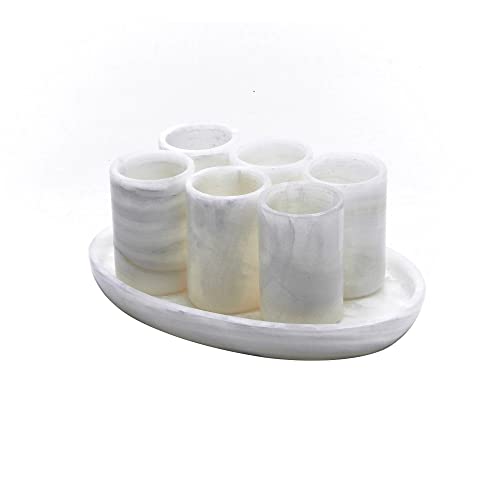 Mezcal For Life Onyx Stone Handmade Traditional Unique Shot Glasses Set for Decoration and Parties Drinking and Sipping Jigger Pack of 6 White