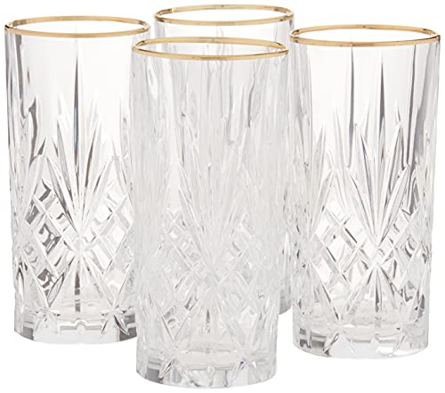 Lorren Home Trends Siena Collection Crystal Water Beverage or Ice Tea Glass with Gold Band Design Set of 4