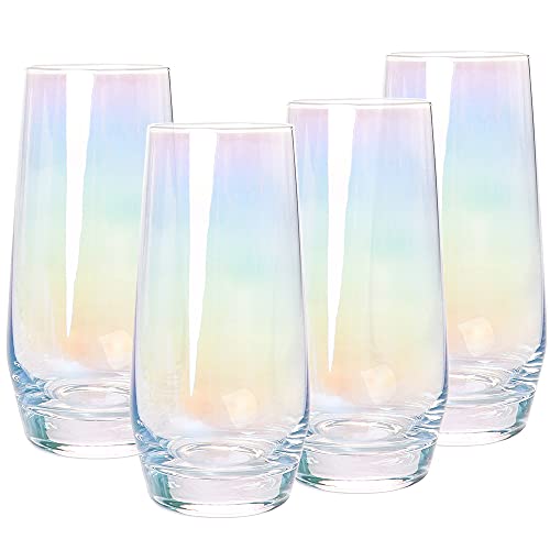 Swetwiny Colorful Highball Glasses 185 Ounce Iridescent Glassware Set of 4 LeadFree Crystal Glassware Drinking Glasses Set for Mixed Drinks Water Juice Beer Cocktail Gift Package (Colorful)