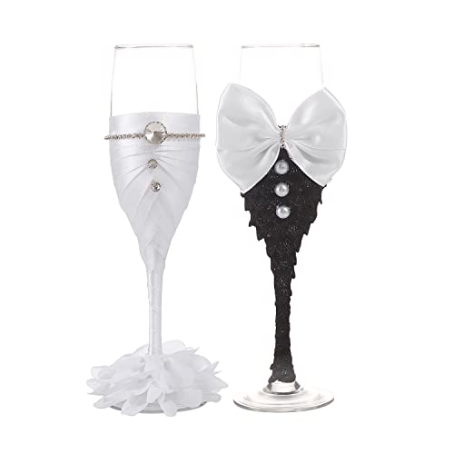 Bride and Groom Wedding Champagne Toasting Flute Anniversary Glasses with Silk Bow Tie and White Lace Trim Rhinestone Décor Set of 2