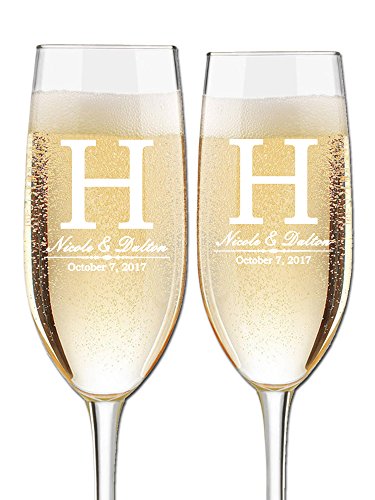 Custom Wedding Champagne Flutes  Set of 2 Toasting Flutes  Large Monogram Initial with Names and Wedding Date  Personalized Wedding Glasses for Bride and Groom  Customized Engraved Wedding Gift