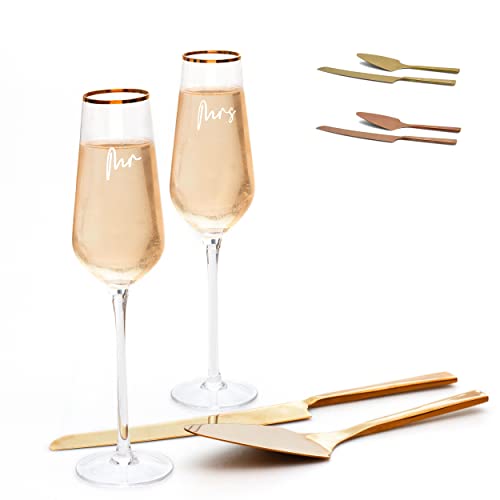 JA Homes Rose Gold Cake Knife and Server Set with Champagne Flutes — Perfect for a Wedding Reception or Anniversary Party — Includes Cursive Printed Bride and Groom Glasses for Toasting