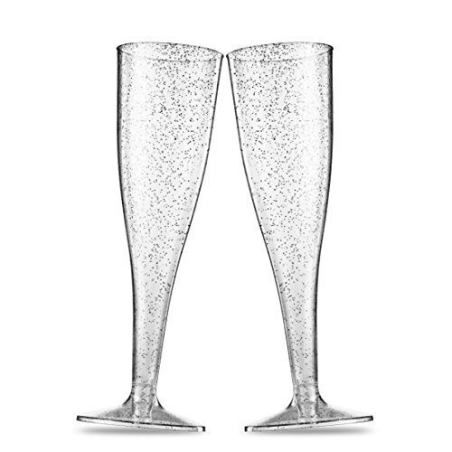Munfix 50 Silver Glitter Plastic Champagne Flutes 5 Oz Clear Plastic Toasting Glasses Disposable Wedding Party Cocktail Cups