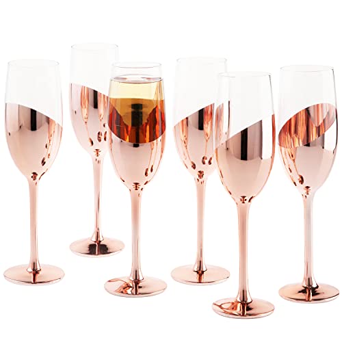 MyGift Modern Stemmed Rose Gold Champagne Flute Set of 6 Bridesmaid and Wedding Toasting Glasses Prosecco Wine Glass Mimosa Glass Set Cocktail Glass Set Drinking Glassware
