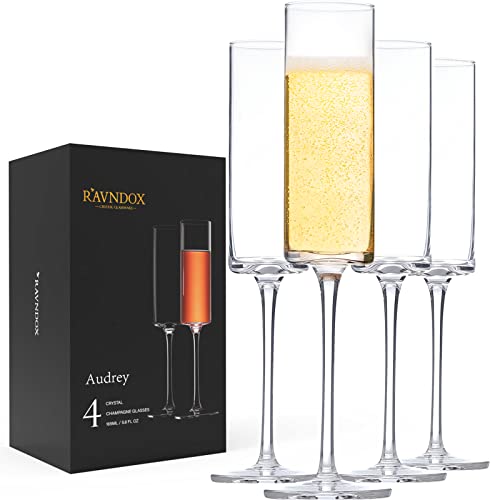 RAVNDOX Champagne Flutes Edge Champagne Glass Set of 4 Leadfree Glasses Modern  Elegant for Women Men Wedding Anniversary Christmas Birthday Premium Crystal