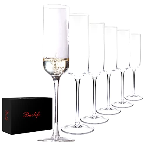 BACLIFE Crystal Champagne Flutes Set of 6  Hand Blown Italian Style Champagne Glasses with Long Stem  Elegant Sparkling Wine Stemware  Unique Gift for BirthdayWedding Anniversary  7 oz Clear