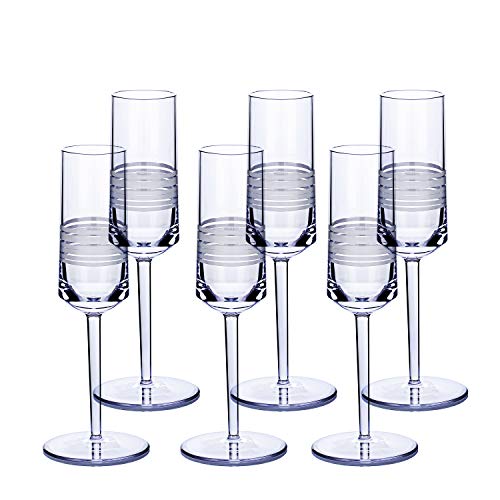 BZYOO BPAFree Dishwasher Safe Durable Reusable Plastic Champagne Flute Drinkware Designed for Party Decoration Long Stem Plastic Champagne Flute Glass for Toasting (Set of 6 UNITY Ribbonetta White)