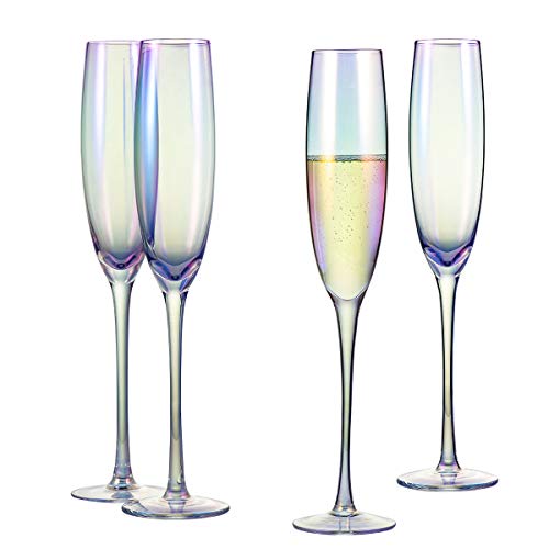 Classic Champagne Flute Glasses 6 oz Set of 4 Iridescent  Crystal Glass Long Stemmed Glassware Sparkling Wine Glasses  For Wine Tasting Birthday Christmas Anniversary or Wedding Gifts