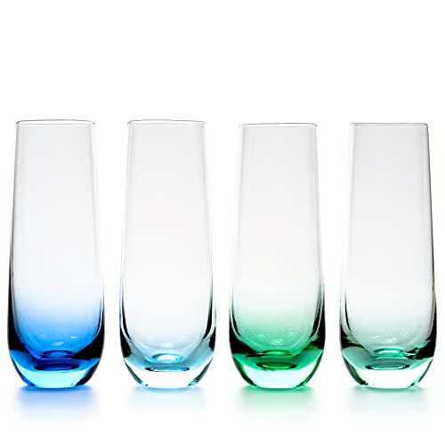 Colored Stemless Champagne Flute Glasses Set (4 Pack  10 Oz Glass)  Greens and Blues Stemless Bases for Wine Champagne and Party Drinks  Durable Stable Base in Fun Matching Multicolor Designs