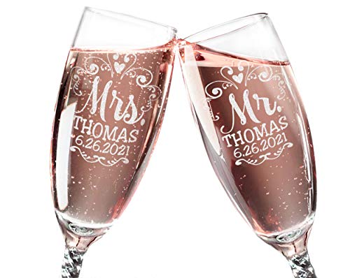 Mr Mrs Wedding Reception Celebration Twisty Stem Champagne Glasses Set of 2 Couples Newlywed Married Groom Bride Husband Wife Anniversary Engraved CLEAR Flute Glass Favors (Personalized)