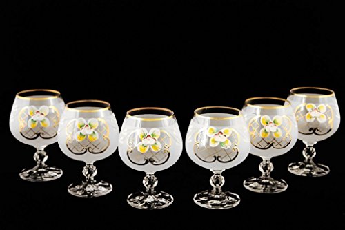 Crystalex 6pc Bohemia Colored Crystal Vintage Enamel White Cognac or Brandy Snifters Glasses Set 24K GoldPlated Hand Made