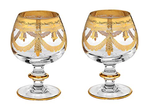 Interglass Italy Luxury Crystal Brandy Snifters Vintage Design 24kt Gold Hand Decorated Cognac Goblets Set of 2