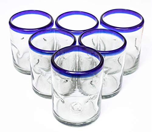 Blue Rim Mexican Kitchen Thick Durable Recycled Clear Hand Blown Drinking Glasses Cups Stemless Juice Margarita Wine Cobalt Picado Glassware 10 oz Dishwasher Safe Set of 6