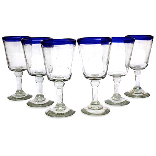NOVICA Hand Blown Clear Cobalt Blue Rim Recycled Glass Wine Glasses 8 Oz Chardonnay (Set Of 6)