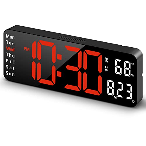 Digital Clock Digital Wall Clock for Living Room Decor Desk Alarm Clock for Bedroom Large Wall Clock with Remote Control Automatic Brightness Dimmer LED Clock with Date Temperature Week (RedB)