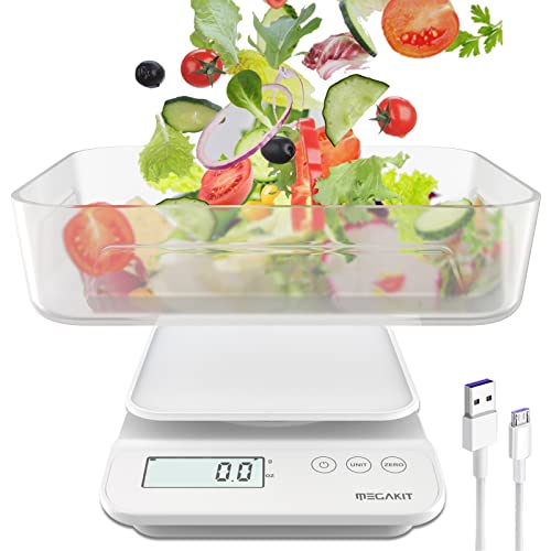 Megakit Food Scale with Bowl 7 kg  15 lb Kitchen Scales Digital Weight Grams and oz for Cooking Baking 05 g  002 oz Precise Graduation Rechargeable Batteries  Charging Cable Included White
