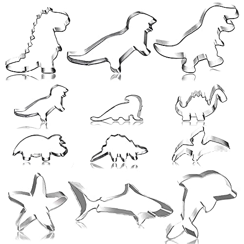 12 pcs Cookie Cutters BOSOIRSOU 6 pcs 3 and 6 pcs 15 Dinosaur Sea Creature Shape Stainless Steel Biscuit Metal Molds for Kitchen Baking Cake Candy Bread