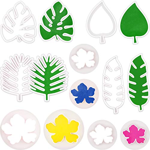 14 Pieces Tropical Leaf Cutters Hawaiian Flower Cutters Plastic Palm Cookie Cutters Flower Leaves Fondant Cutter Palm Cake Embossing Mold for Sugarcraft Biscuit Cake Decoration Summer Beach Party