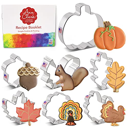 Fall and Thanksgiving Cookie Cutter Set 7Pc with Recipe Booklet Pumpkin Maple and Oak Leaf Turkeys Squirrel Acorn Made in USA by Ann Clark Cookie Cutters