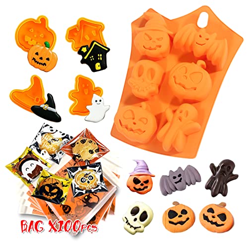10PCS Halloween Silicone Cookie Cutters Set 100PCS Halloween Cookie Candy BagThanksgiving Fall DIY Silicone Molds for Baking with Shapes Pumpkin Ghost Bat Witch Hat for Halloween Food Party Decor