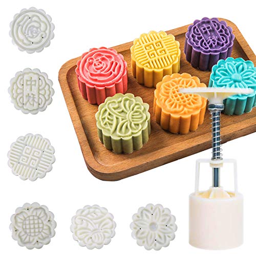 Moon Cake Mold 6 PCS Mid Autumn Festival DIY Hand Press Cookie Stamps Pastry Tool Moon Cake Maker Flower Mode Patterns 1 Mold 6 Stamps 50g (White)