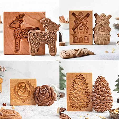 Ouhoe 4PC Wooden Cookie Cutter Christmas 3D Funny Mold Gingerbread Pine Cone Rose Mold For Family DIY (Pine  Windmill Deer) 10 x 25cm