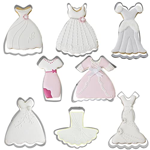 Dress Shaped Cookie Cutters Set of 8 pcs Stainless Steel Wedding Dress Princess Dress Cookie Cutter Mold Set Baking Mold Pastry Biscuit Cake Fondant Mold for Baking DIY Gift for Women