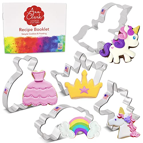 Fairytale Princess Unicorn Cookie Cutter Set 5Piece with Recipe Booklet Crown Dress Unicorn Unicorn Head Rainbow by Ann Clark Cookie Cutters