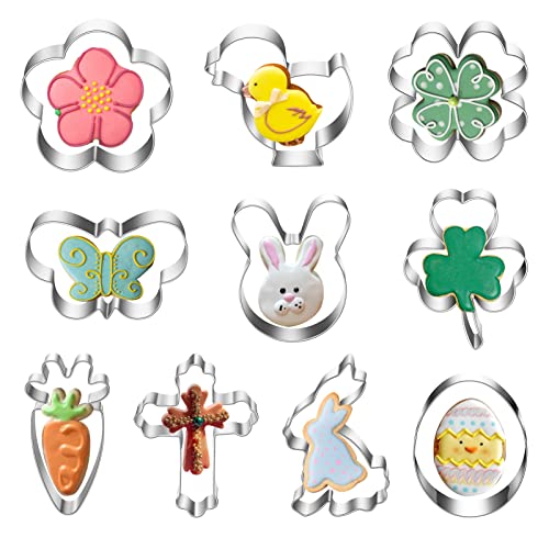 10 Piece Easter Cookie Cutter Set Shamrock Bunny Chick Clover Egg Rabbit Carrot Flower Butterfly Metal Cookie Mold for Holiday Party Supplies Decorations