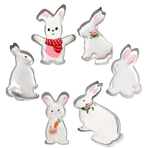 Cookie Cutter Set of 6 pcs，Stainless Steel Cute Rabbit Shaped Cookie Cutting Molds Easter Day Fondant Tool Pastry Biscuit Cake Baking Mold Funny Easter Day DIY Mold for Kids