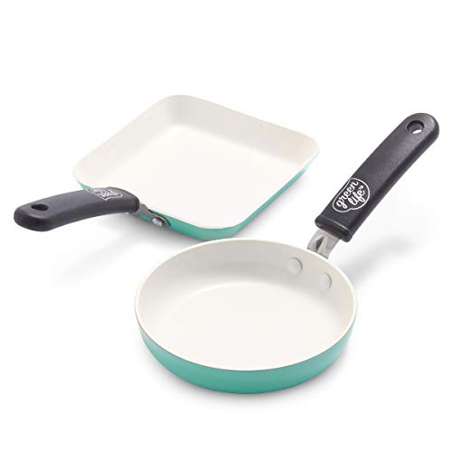 GreenLife Mini Healthy Ceramic Nonstick Round Egg Pan and Square Grill Pan Set PFASFree Dishwasher Safe Stay Cool Handle Turquoise
