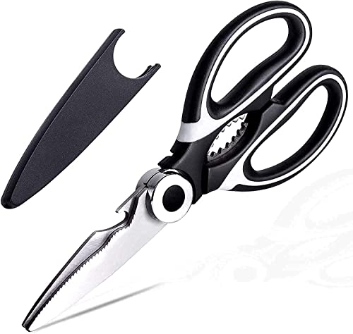 Kitchen Shears Multi Purpose Strong Stainless Steel Kitchen Utility Scissors with Cover Poulry Fish Meat Vegetables Herbs Bones Dishwasher Safe (Black)