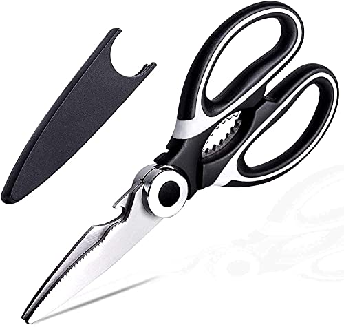 Kitchen Shears Multi Purpose Strong Stainless Steel Kitchen Utility Scissors with Cover PoulryFish Meat Vegetables Herbs Bones Dishwasher Safe (Black)
