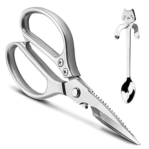 LONJYI Multi Function Kitchen Scissors Heavy Duty Stainless Steel Shears with Ultra Sharp Blades Left Right Handed Scissors Use for Chicken Meat Seafood Vegetables BBQ Bottle Opener Silver