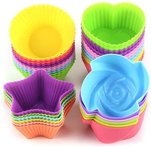 LetGoShop Silicone Cupcake Liners Reusable Baking Cups Nonstick Easy Clean Pastry Muffin Molds 4 Shapes Round Stars Heart Flowers 24 Pieces Colorful
