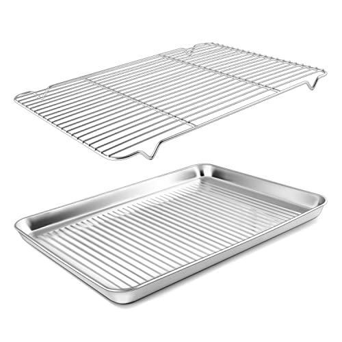 Herogo Baking Pan Sheet with Cooling Rack Set for Oven 18 x 13 x 1 Inch Stainless Steel Fluted Bakeware Cookie Sheet Tray Nonstick Dishwasher Safe