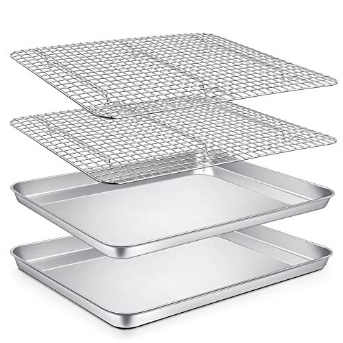 PP CHEF Baking Sheets and Racks Set (2 Pans  2 Racks) Stainless Steel Baking Sheet Oven Tray and Cooling Grid Rack for Cookies Meats Size 16 x 12 x 1 Inch Oven  Dishwasher Safe