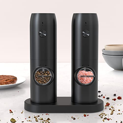 Electric Salt and Pepper Grinder Set Rechargeable Pepper Grinder With Charging Tray USB Cable One Hand Operation Adjustable Coarseness with Ceramic Grinder High Quality ABS Body (Set of 2Black)