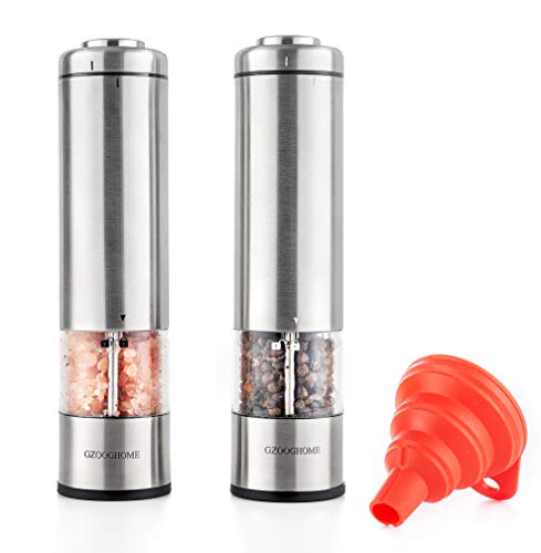 GZOOGHOME Electric Salt and Pepper Grinder Set  Battery Operated Automatic One Handed Salt Pepper Mill with Funnel and Bottom Cap  Ceramic Grinders with Lights and Adjustable Coarseness