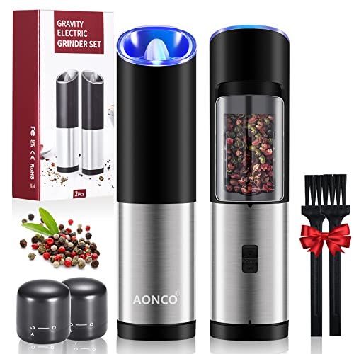 Gravity Electric Pepper Grinder Set Automatic Salt and Pepper Mill Adjustable Coarseness Battery Powered with LED Light One Hand Operation Stainless Steel Black 2 pack