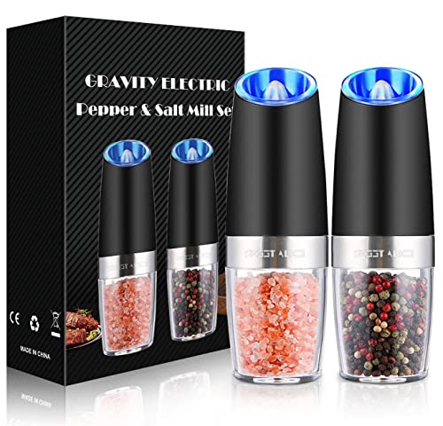 Gravity Electric Pepper and Salt Grinder Set Adjustable Coarseness Battery Powered with LED Light One Hand Automatic Operation Stainless Steel Black 2 Pack