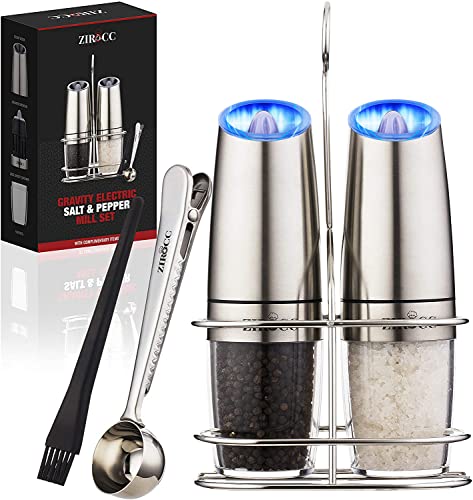 Gravity Electric Salt and Pepper Grinder SetBattery Operated Salt and Pepper Grinder Set have Adjustable CoarsenessAutomatic Stainless Steel Mill have Blue LED light with a Bonus Stand Brush Spoon