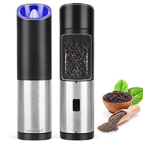 LUUKMONDE Gravity Electric Pepper and Salt Grinder Set with Adjustable Coarseness Battery Operated Automatic Stainless Steel Pepper Mills with LED light One Hand Operation 2 Pack