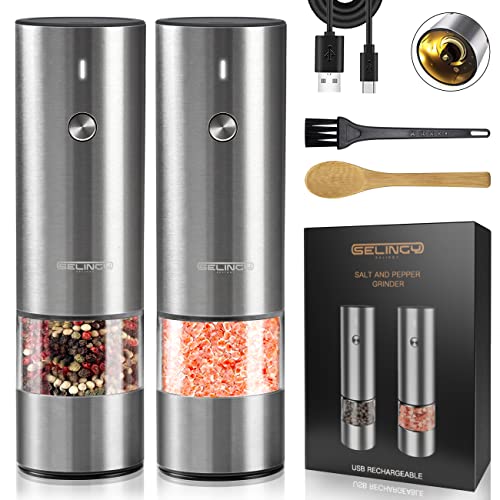 Rechargeable Electric Salt and Pepper Grinder Set  Stainless Steel with USB TypeC Cable LED Lights Automatic Modern Electric Pepper Mill 2 Adjustable Coarseness Mills One Hand Operation