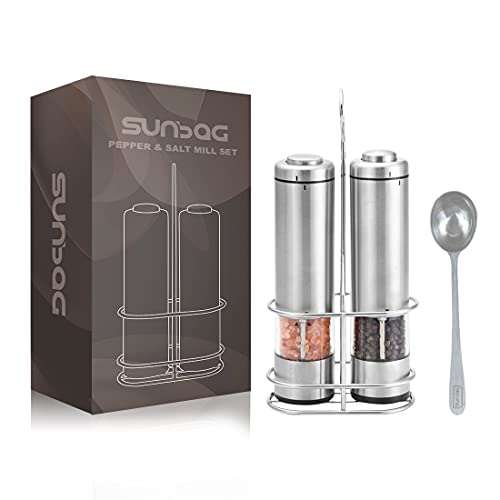 Sunbag Electric Salt and Pepper Grinder Set(Pack of 2)Battery Operated Automatic Stainless Steel Mills with LED LightAdjustable CoarsenessOne Handed OperationStainless steel spoon