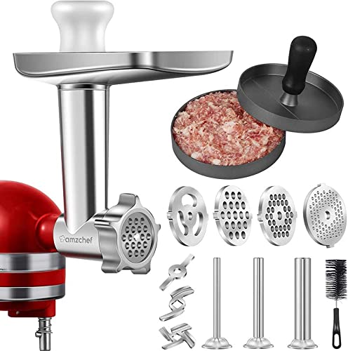 Metal Food Grinder Attachment for KitchenAid Stand Mixers AMZCHEF Meat Grinder Attachments Included 3 Sausage Stuffer Tubes  A Holder4 Grinding Plates2 Grinding Blades Burger PressCleaning Brush