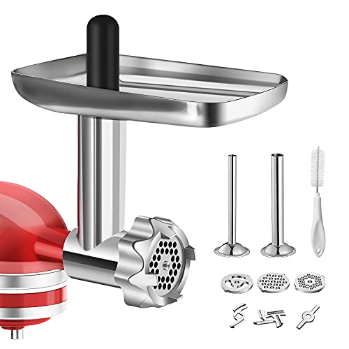 Metal Food Grinder Attachment for KitchenAid Stand Mixers BQYPOWER Meat Grinder Attachment Included 2 Sausage Stuffer Tubes 3 Grinding Blades 3 Grinding Plates