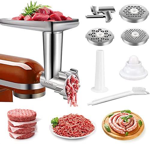 Metal Meat Grinders Attachments for All Kitchenaid Stand Mixers Electric Food Processor Veggies Shredder Kitchen Aid Mixer Accessories with 2 Sausage Stuffer and 4 Grinding Blades (Silver)