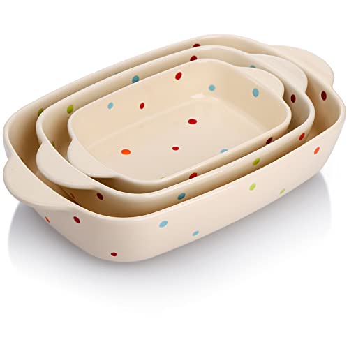 AVLA Porcelain Bakeware Set Ceramic Baking Dish Pans with Handles for Baking Rectangular Casserole Dish Set Lasagna Pans for Cooking Cake Dinner Kitchen 3Piece (Beige)