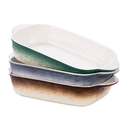BonNoces Porcelain Baking Dish Small Rectangular Pasta Lasagna Pan Individual Casserole Bakeware with Handle for Oven Kitchen Cooking Set of 3 Assorted Colors